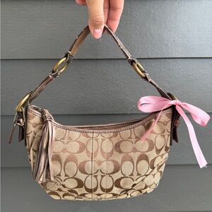 Coach Brown Signature Handbag with Pink Accent
